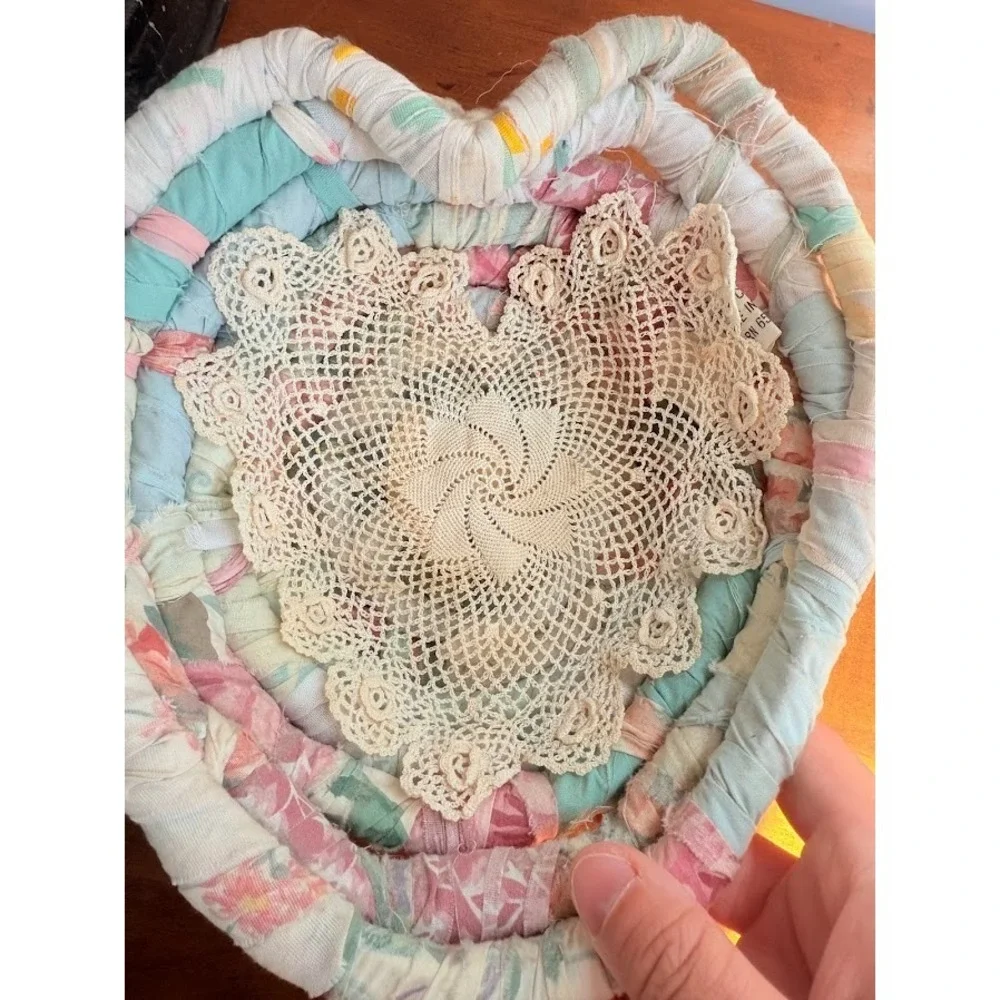 VTG 1980s pastel heart shaped Rag Coiled Basket Peking Handicrafts Whimsy Decor